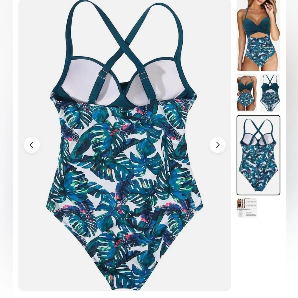 Women's V Neck One Piece Navy Green Swimsuit Monokini NWOT Size M - Picture 2 of 3